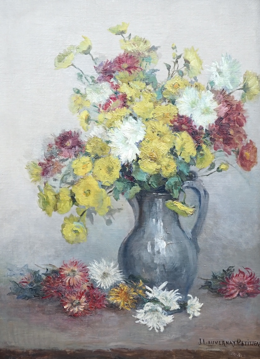 Jeanne Lauvernay-Petitjean (French, 1875-1955), oil on canvas, Still life of flowers in a jug, signed, 71 x 52cm, ornately framed with Richmond Gallery exhibition catalogue. Condition - good